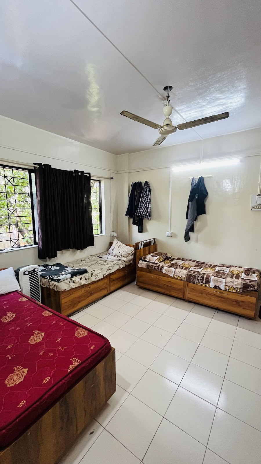 Wooden Cot Beds with Heavy Foam Mattresses & Ceiling Fan
